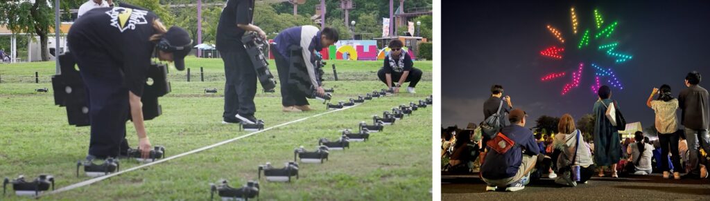 ドローンショーの仕事、機体準備の様子。人が一つずつ並べる